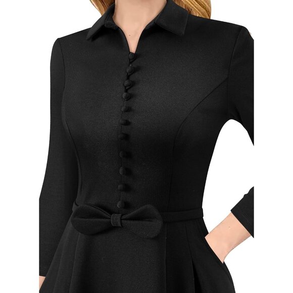 Women's Business Casual Dress V Neck Bow Belt Pockets A Line Fit Office - Picture 3 of 6